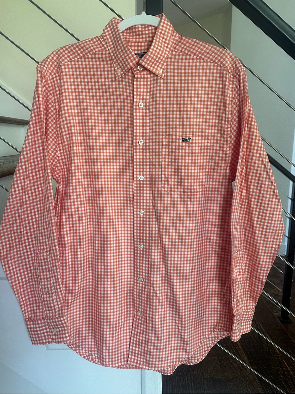 Vineyard Vines Men's Orange & White Gingham Button-Down Shirt Long Sleeve|Size:S